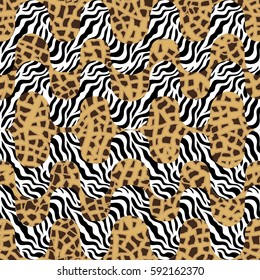 Tiger print waves. Seamless vector pattern with animal skin textures. Safari textile collection. Beige.