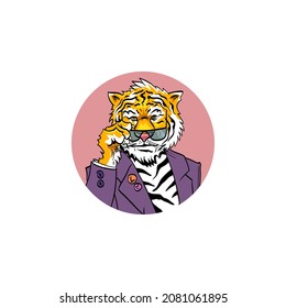 Tiger in the purple jacket. Avatar icon, t-shirt composition. Hand drawn art. Vector illustration.