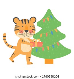 Tiger put gift box under the christmas tree, present, symbol of 2022 year. New year mascot. Cute vetor flat animal character, isolated on white background