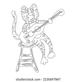 Tiger put on a bow tie, sat on a chair and started playing the guitar. Coloring book drawn by hand.