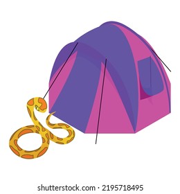 Tiger python icon isometric vector. Python snake near colorful camping tent icon. Camping, ecotourism, summer rest, recreation, journey