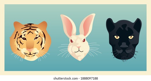 tiger rabbit and panther animals faces wildlife nature style vector illustration