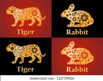 Tiger, rabbit, symbols of the Chinese horoscope 2022, 2023 years. Floral gold ornament