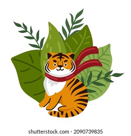 Tiger in the rainforest. Cute cartoon animal character. Wild striped cat on the tropical leaves background. Vector flat illustration.