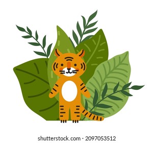 Tiger in the rainforest. Cute cartoon animal character. Wild striped cat on the tropical leaves background. Vector flat illustration.
