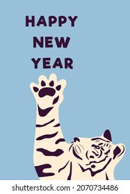 Tiger reaching out with its paw to the inscription happy New year on a blue background. The symbol of 2022. A greeting card for the New Year. Vector illustration.