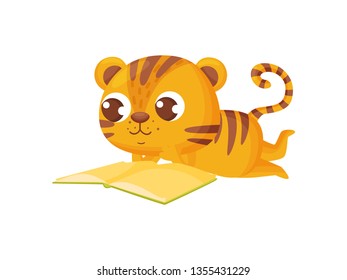 Tiger reading book on white background. Vector illustration.