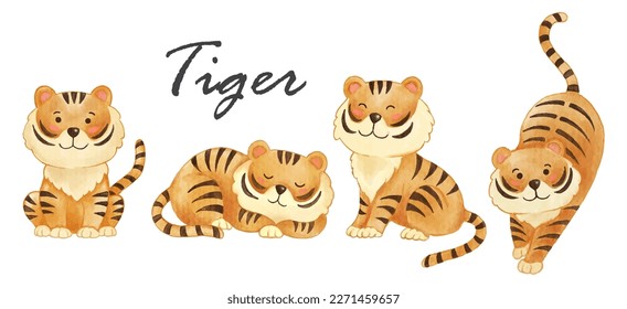 Tiger . Realistic watercolor paint of wildlife animals with paper textured . Cartoon character design . Vector .