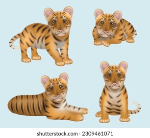 Tiger realistic  Wild aggressive big cat orange dangerous animal decent vector tiger in different poses