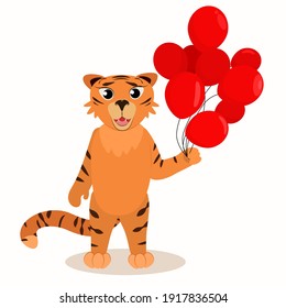 un tigre con globos rojos en la mano. Ilustración para una fiesta infantil, saludos de cumpleaños. Símbolo de 2022