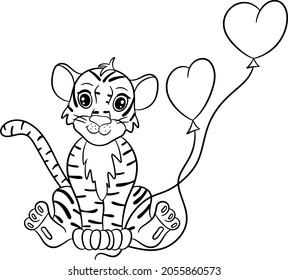 Tiger with red balls in the shape of heart. Symbol of the new year according to the Chinese or Eastern calendar. Outline for coloring. Vector editable illustration, cartoon style