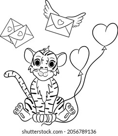 Tiger with red balls in the shape of heart. Symbol of the new year according to the Chinese or Eastern calendar. Outline for coloring. Vector editable illustration, cartoon style