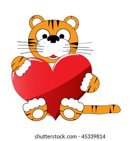 Tiger with a red heart. Isolated on white.