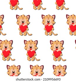 A tiger with a red heart. Vector pattern in a flat style. Simple seamless pattern. Valentine's Day background.