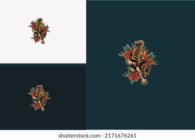 tiger and red rose flower vector flat design