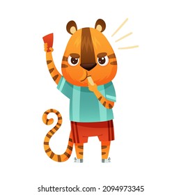 Tiger referee animal blowing whistle. Cute football mascot in sports uniform cartoon vector illustration