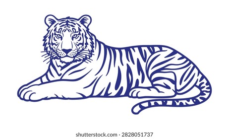 Tiger resting in a lying down position detailed line on white background