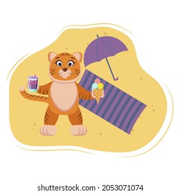 tiger is resting on the beach. With a cocktail and ice cream