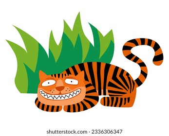 A tiger rests in the bush. Cartoon character of a big tabby cat. Vector image for prints, poster or illustrations.