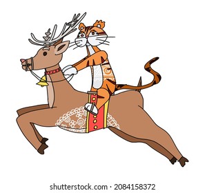 tiger riding a deer new year characters. doodle sketch vector image