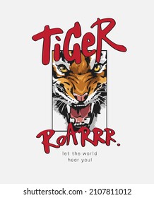 tiger roar calligraphy slogan with angry tiger face vector illustration