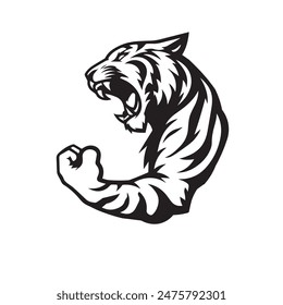 a tiger roar with hand mascot silhouette art , white background