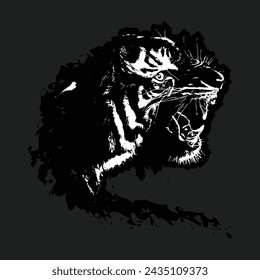Tiger roar, tiger with open mouth, tiger head vector illustration in black and white style for logo.