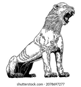 Tiger roaring drawing on white background. Illustration of angry growling tiger. Angry big cat. Vector. 