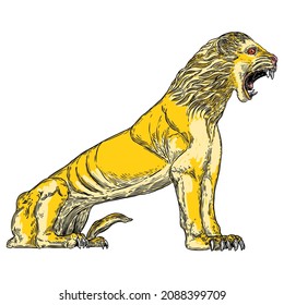 Tiger roaring drawing on white background. Illustration of angry growling tiger. Angry big cat. Vector. 
