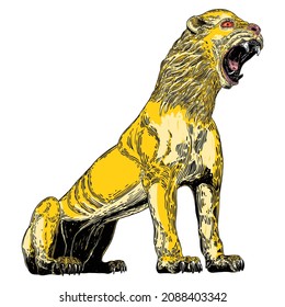 Tiger roaring drawing on white background. Illustration of angry growling tiger. Angry big cat. Vector. 