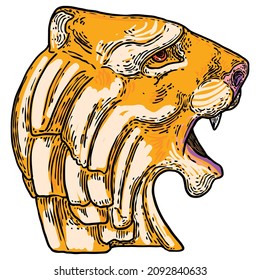 Tiger roaring face illustration. Color growl tiger head. Portrait of angry big wild cat, hand drawing in details. Vector. 