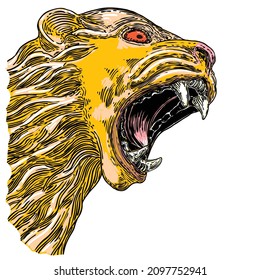 Tiger roaring face illustration. Color growl tiger head. Portrait of angry big wild cat, hand drawing in details. Vector. 