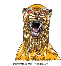 Tiger roaring face illustration. Color growl tiger head. Portrait of angry big wild cat, hand drawing in details. Vector. 