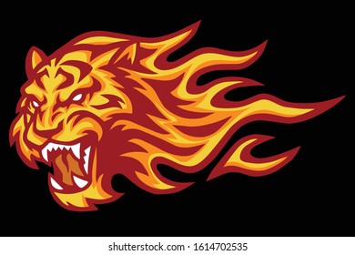 Tiger Roaring Head Fire Burning Flame Logo Vector Mascot Design