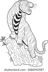 Um tigre está rugindo do pico rochoso da montanha.