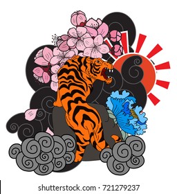 Tiger roaring tattoo with cherry blossom and peony flower on cloud and rising sun.Traditional Japanese culture for printing and coloring book on background.
