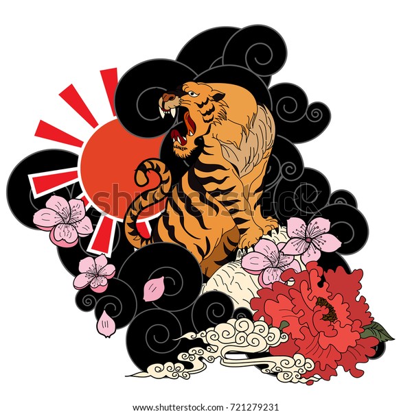 Tiger Roaring Tattoo Cherry Blossom Peony Stock Vector (Royalty Free ...