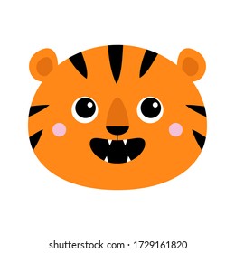 Tiger roaring yawing face icon. Open mouth fang. Cute cartoon kawaii funny baby animal character. Childish print for nursery, kids apparel, poster. Jungle cat roar. Flat design White background Vector