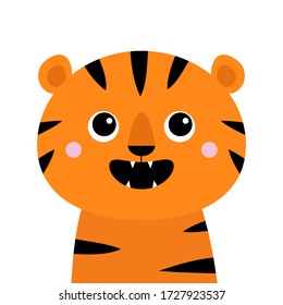 Tiger roaring yawing. Open mouth fang. Cute cartoon kawaii funny smiling baby animal character. Childish print for nursery, kids apparel, poster. Jungle cat roar. Flat design. White background. Vector
