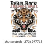 Tiger rock and roll poster design. Fearless tiger print design. Wild at the heart vector. Animal rock and roll artwork for fashion and others.	