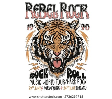 Tiger rock and roll poster design. Fearless tiger print design. Wild at the heart vector. Animal rock and roll artwork for fashion and others.	