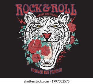 Tiger rock and roll t shirt design. Rose music band artwork. Animal face music festival poster illustration. 