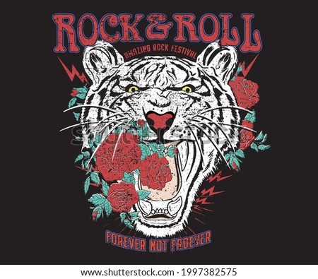 Tiger rock and roll t shirt design. Rose music band artwork. Animal face music festival poster illustration. 