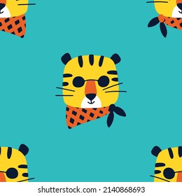 Tiger rock star animal seamless pattern. Hand drawn colorful doodle cartoon character in rock accessories. Ideal for baby clothes, textiles, wallpaper, wrapping paper