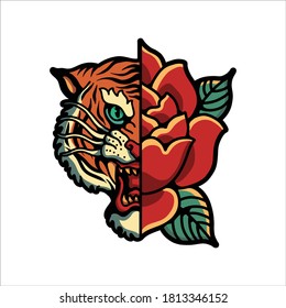 tiger and rose tattoo vector design