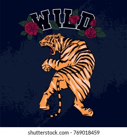 Tiger and rose vector print. T-shirt graphic.