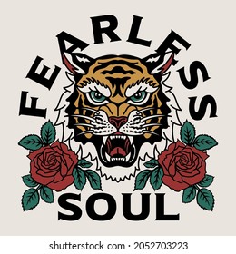 Tiger with Roses Illustration with A Slogan Artwork on White Background for Apparel or Other Uses