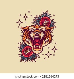 Tiger And Roses Retro Illustration For Merchandise