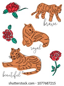 tiger and roses vector illustrations. vintage style. shirt print design.