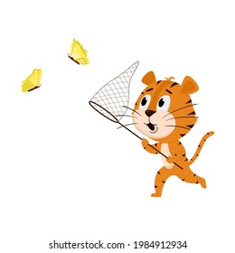 Tiger runs with a net, catches butterflies. Cute cartoon character. The tiger is the symbol of the year 2022. Vector illustration for children. Isolated on a white background.